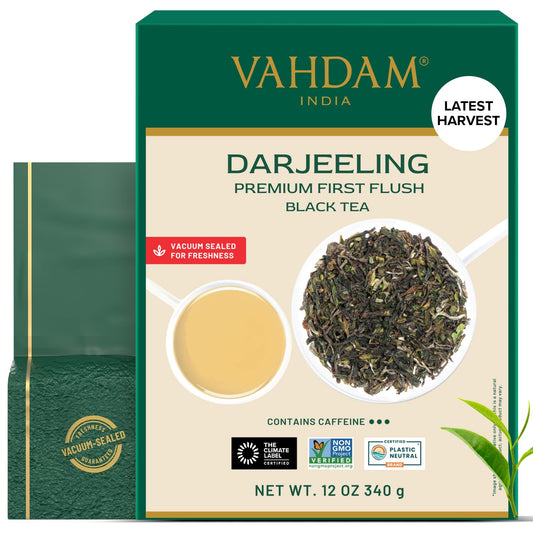 VAHDAM First Flush Darjeeling Tea (12oz|170+ Cups) Loose Leaf Black Tea | Crisp, Floral, Aromatic &amp; Delicious | Caffeinated Non GMO | Packed &amp; Shipped Direct From Source in India | Vacuum Sealed Pack