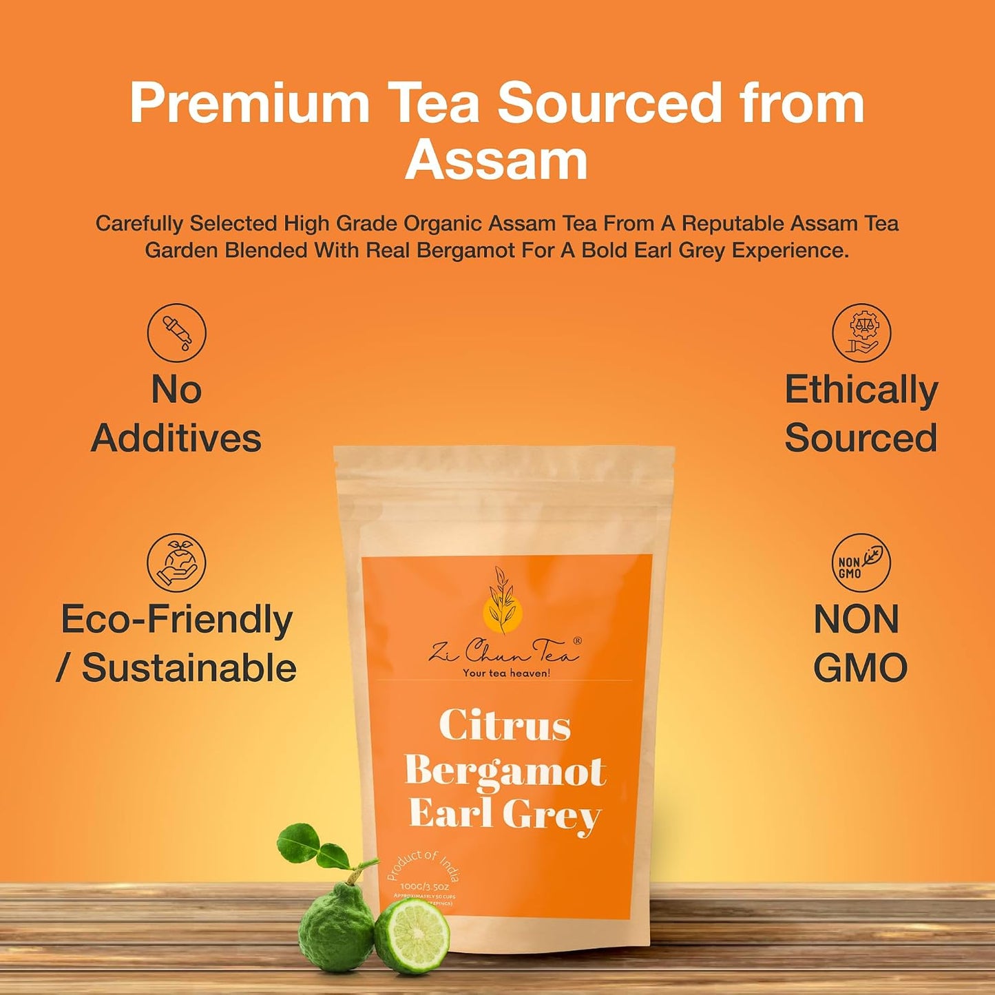 Zi Chun Tea | Bergamot Earl Grey Tea Loose Leaf | Made with Extra Whole Bergamot Pieces (Not Oil), Premium Assam Black Tea, Bold Citrus Flavor, Non-GMO, No Artificial Ingredients | 8.8 oz
