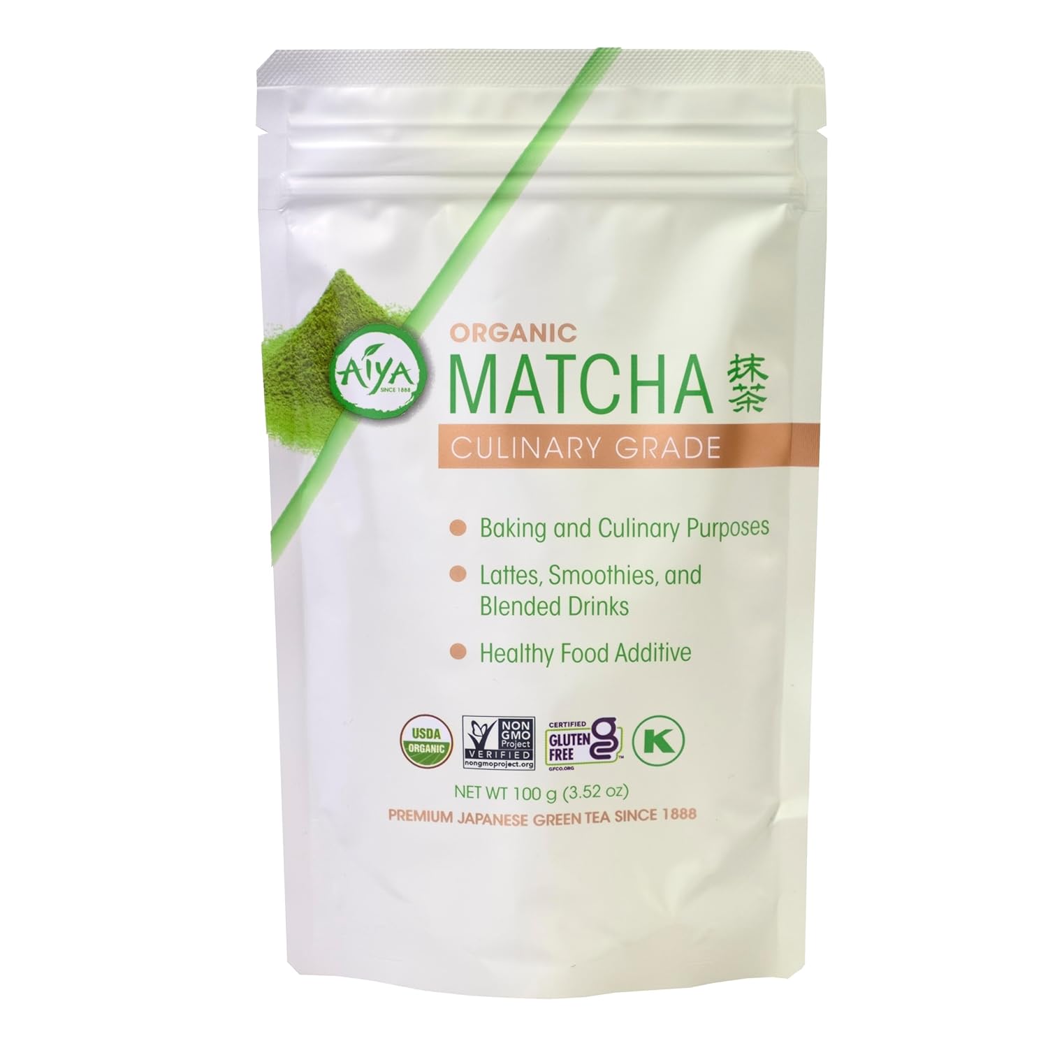 Aiya Certified USDA Organic Culinary Grade Matcha Green Tea Powder - Ideal for Baking, Lattes, Smoothies - Gluten-Free & Non-GMO - 100g Bag (3.52 oz)