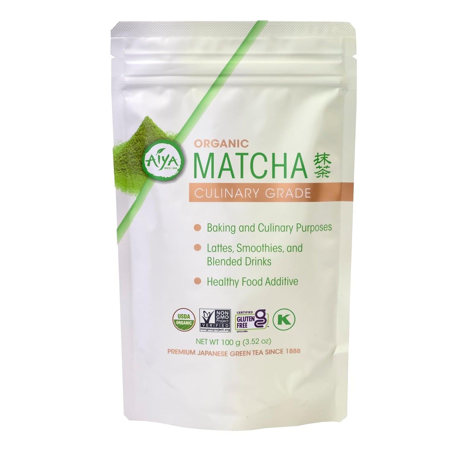 Aiya Certified USDA Organic Culinary Grade Matcha Green Tea Powder - Ideal for Baking, Lattes, Smoothies - Gluten-Free & Non-GMO - 100g Bag (3.52 oz)