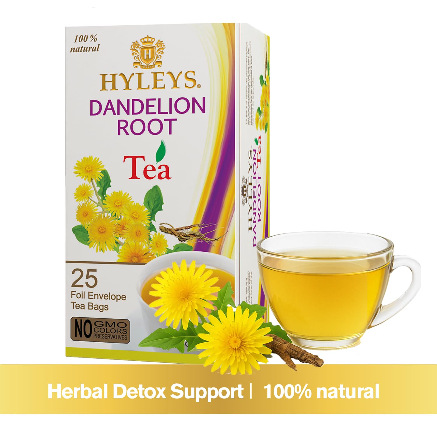 Hyleys Dandelion Root & Green Tea with Milk Thistle and Licorice Root - Herbal Detox Blend - 25 Tea Bags
