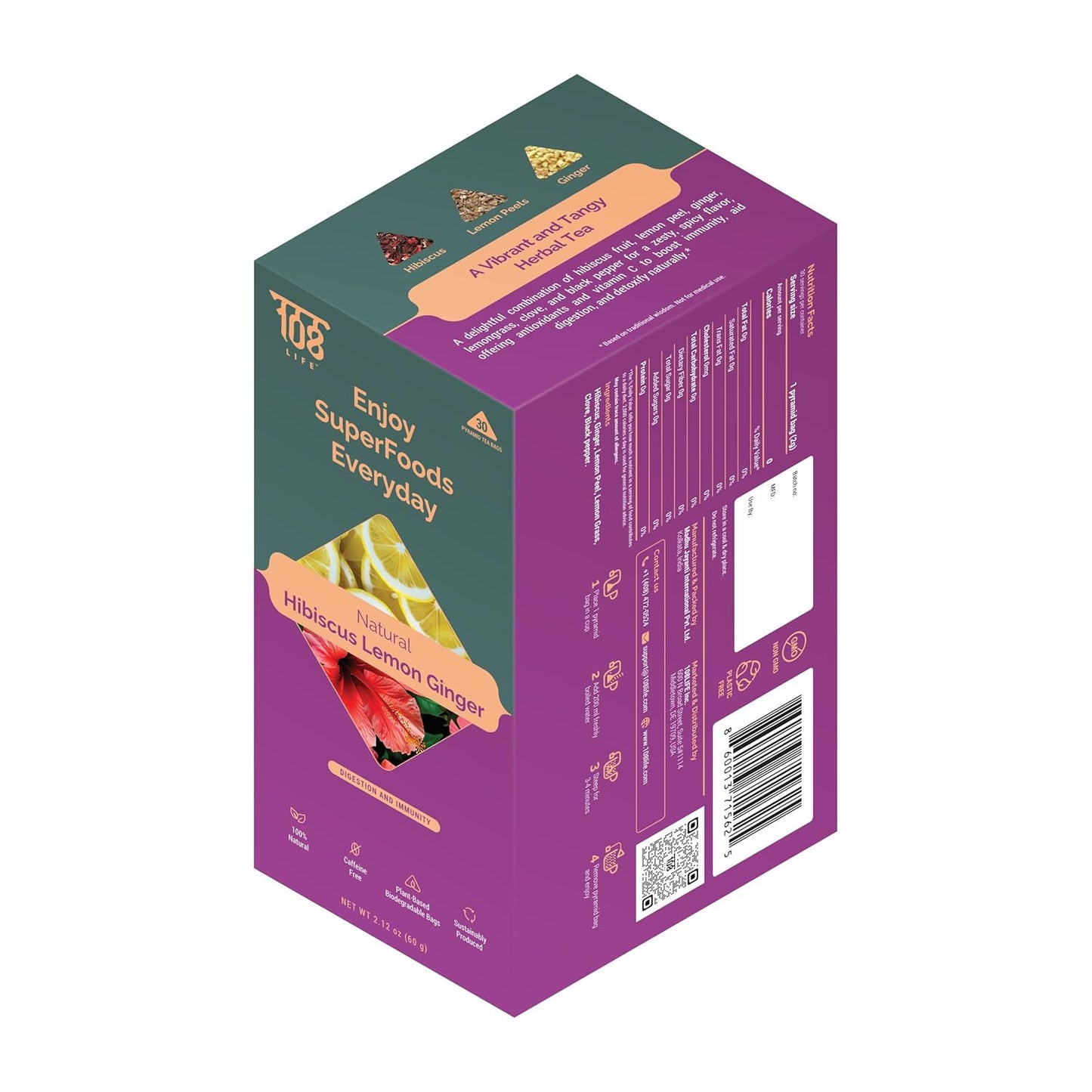 108 LIFE Natural Hibiscus Lemon Ginger Herbal Tea | 100% Natural | Caffeine Free | Supports Digestion & Immunity | With Plant-Based Biodegradable Bags | 30 Pyramid Tea Bags