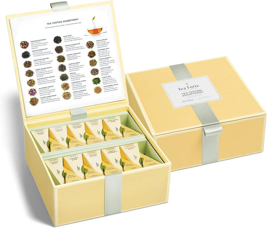 Tea Forte Organic Assorted Variety Tea Sampler, Tea Tasting Tea Chest Gift Box with 40 Handcrafted Pyramid Tea Infuser Bags, Black Tea, Herbal Tea, Oolong Tea, Green Tea, White Tea