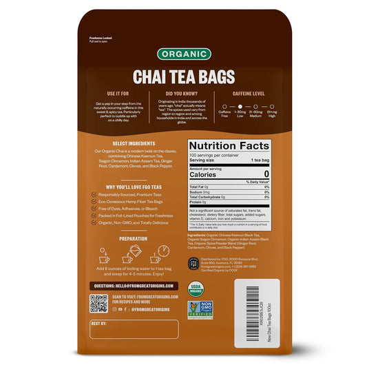FGO Organic Chai Tea, 100 Count, Eco-Conscious Tea Bags, Resealable Bag, Packaging May Vary (Pack of 1)