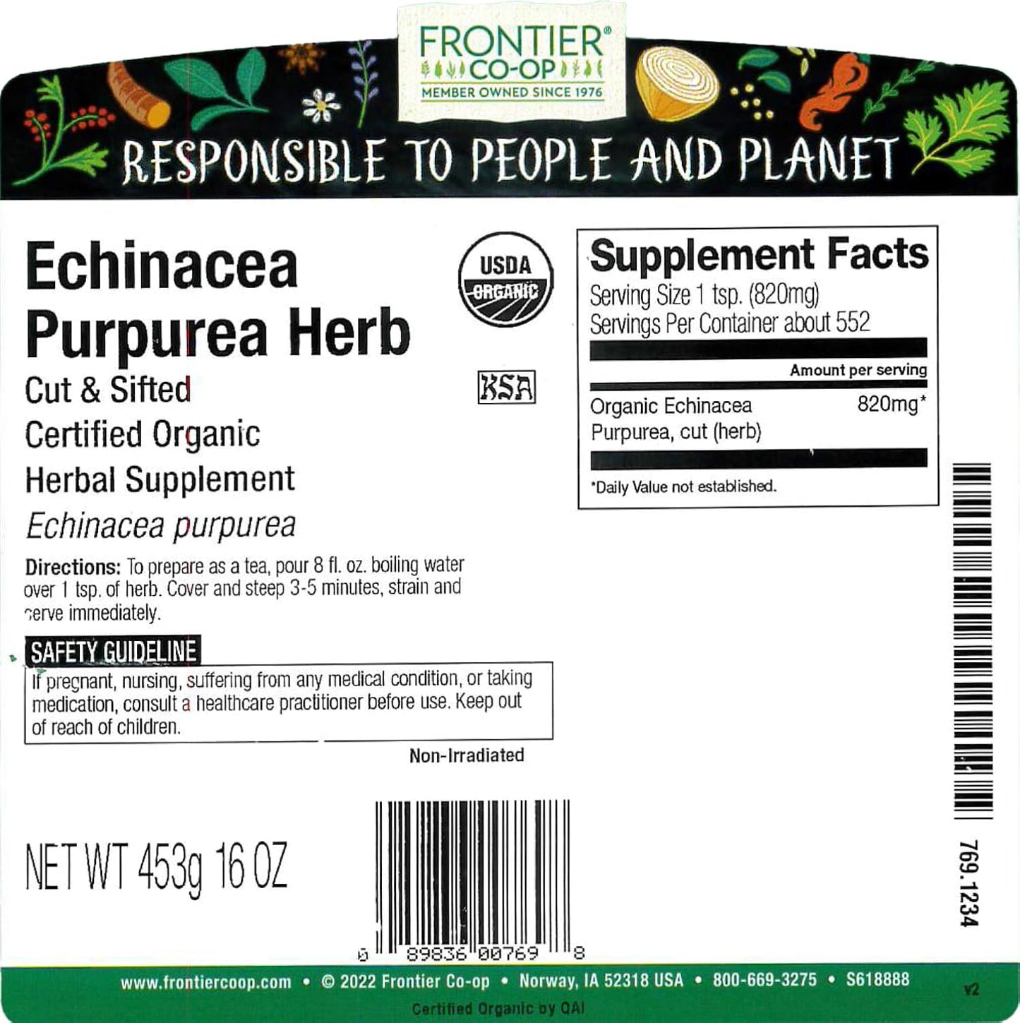 Frontier Co-op Echinacea Purpurea Root, Cut and Sifted, Certified Organic, Kosher | 1 lb. Bulk Bag | Echinacea purpurea (L.) Moench