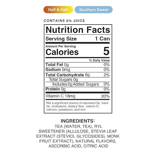 Ryl Iced Tea Front Porch Pack, Sweet Tea and Half N' Half – Antioxidant Superblend, No Artificial Ingredients, Zero Sugar, Five Calories, Low Carb, Non-GMO, Made in the USA, 12-Pack, 16 Fl Oz