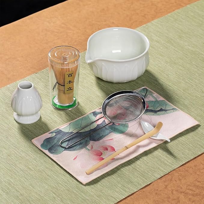 ZentButCool Matcha Set Includes Ceramic Matcha Bowl, Bamboo Whisk (Chasen), Scoop, Stainless Steel Matcha Sifter, And Whisk Holder (White)