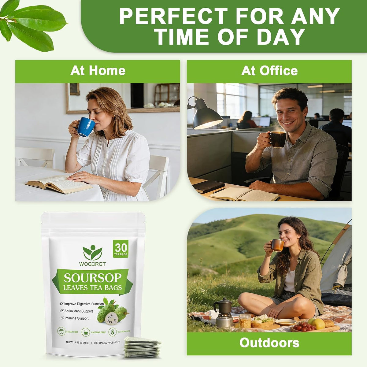 WOGORGT Soursop Leaf Tea Bags for Immune Support &amp; Antioxidant, 30 Tea bags