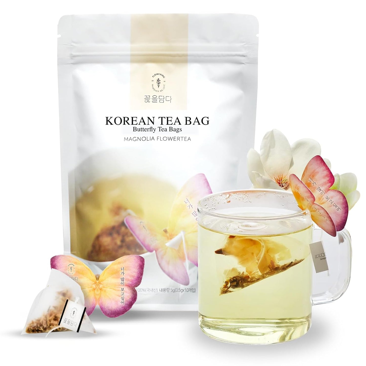 Kkokdam Magnolia Butterfly Tea Bags – 10 Fancy Decaf Loose Leaf Teas for Iced or Hot Drinks – Elegant Korean Gifts for Women
