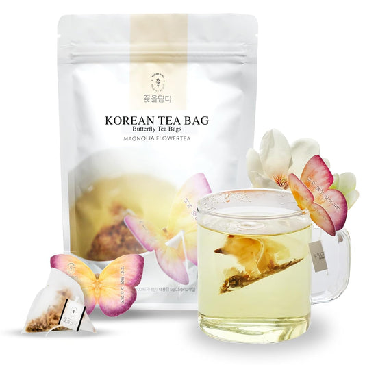 Kkokdam Magnolia Butterfly Tea Bags – 10 Fancy Decaf Loose Leaf Teas for Iced or Hot Drinks – Elegant Korean Gifts for Women