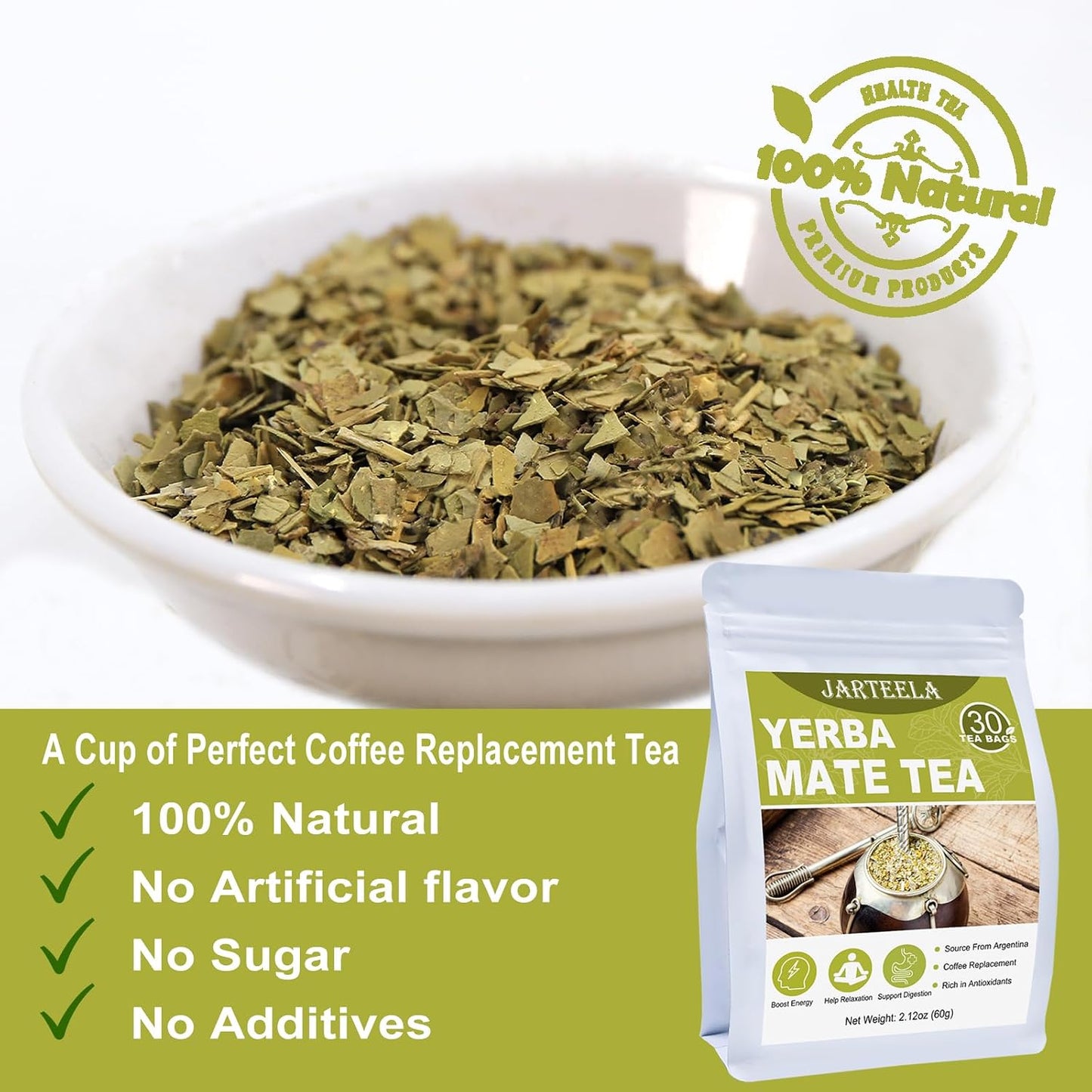 Jarteela - Yerba Mate Tea Bags, 30 Count, Unsmoked Mate Tea | Premium unsmoked Yerba Mate from Argentina, naturally rich in antioxidants, Non-GMO, Smooth, perfect as a coffee alternative