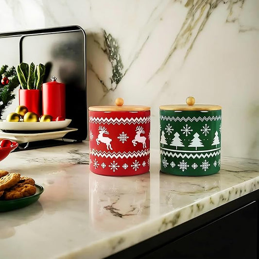 Young's Ceramic Christmas Cookie & Goodie Jar with Airtight Wooden Lid,Set of 2 – Festive Red & Green Holiday Treat Storage for Cookies, Candy, Snacks, and Winter Kitchen Decor,7 Inch