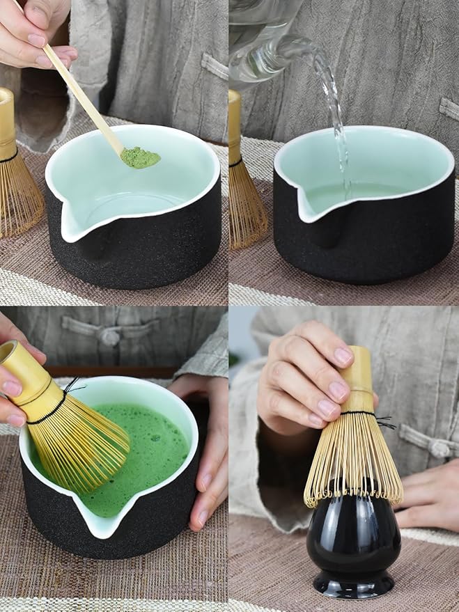 Artcome Premium Matcha Tool Set Black, Includes Matcha Bowl with Spout, Whisk, Holder, Scoop & Manual