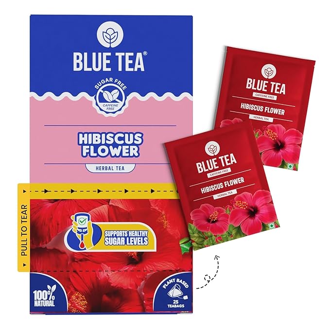 Blue TEA - Hibiscus Tea - 25 Count - Plant Based Tea Bags, Supports Healthy Sugar Levels, Enhances Skin Glow, Caffeine Free - Herbal Tea