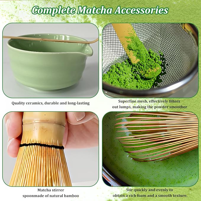 Ceramic Matcha Set Includes 17 OZ Matcha Bowl with Spout, Matcha Whisk Holder, Bamboo Whisk and Scoop, Stainless Steel Sifter - 5 Pcs Green Matcha Kit for Matcha Tea Ceremony, Gift for Matcha Lovers