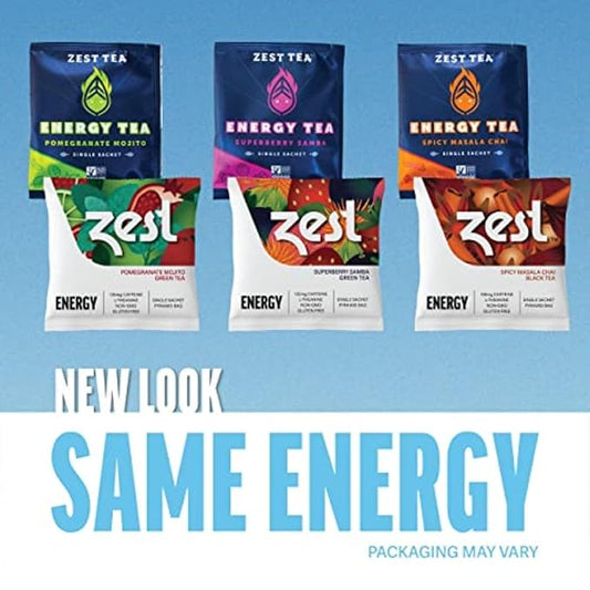 Zest Energy Tea Assortment Box – High Caffeine Tea Bags Sampler with Black & Green Tea – Caffeinated Coffee Alternative for Morning Focus – 6 Tea Bags – 135-150mg Caf per Cup – Natural, Non-GMO, Keto