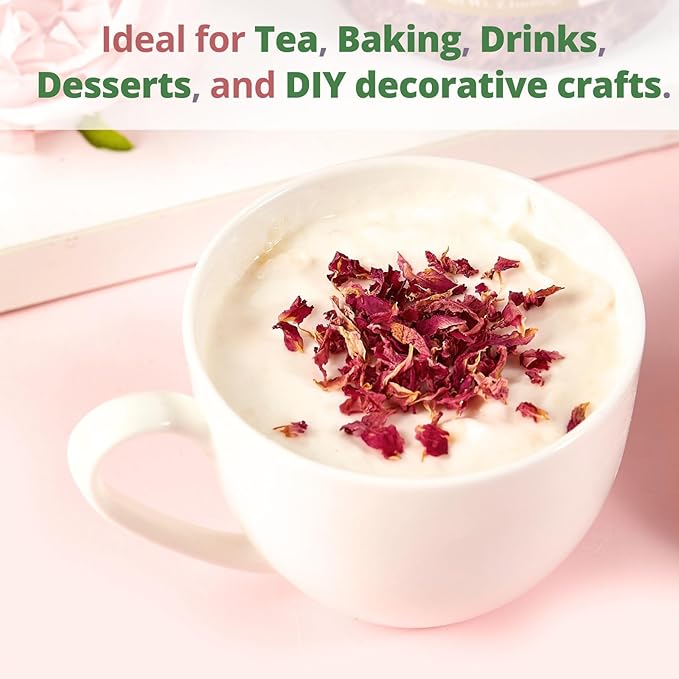 Dried Rose Petals Edible, 2.1oz (60g) Food Grade Rose Petals Tea– Culinary Roses Petals for Tea, Drinks, Baking & Cocktails