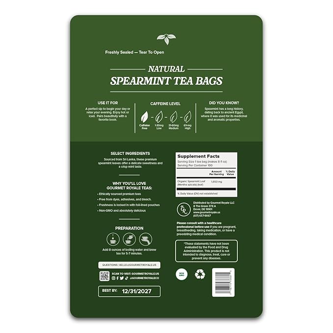 Gourmet Royale Spearmint Tea, 100 Count, Sustainable Tea Bags, Caffeine & Sugar Free, Resealable Pouch, Refreshing & Natural, Grown in Sri Lanka
