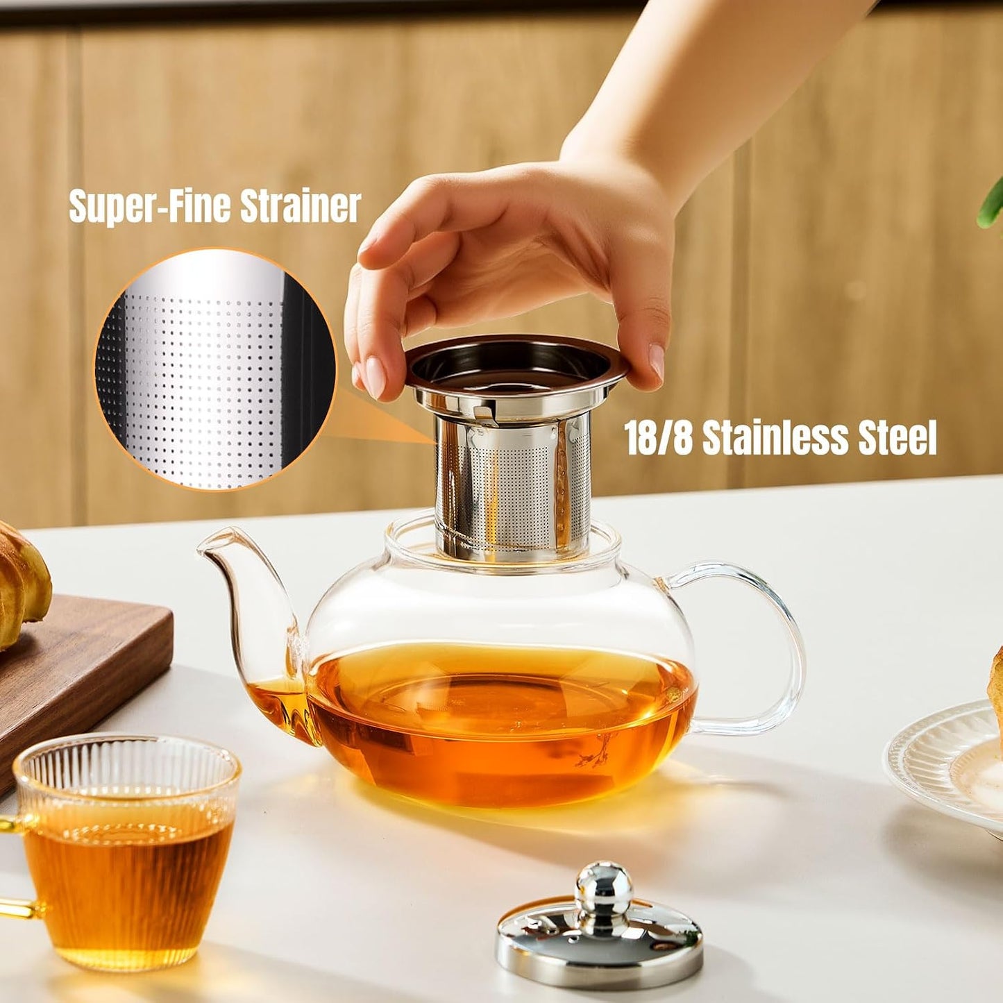 Baalaka Tea Pot with Infuser for Loose Tea, 20 oz Glass Stovetop Kettle | Clear borosilicate body with removable stainless steel strainer works as a tea maker and brewer for blooming or loose leaf