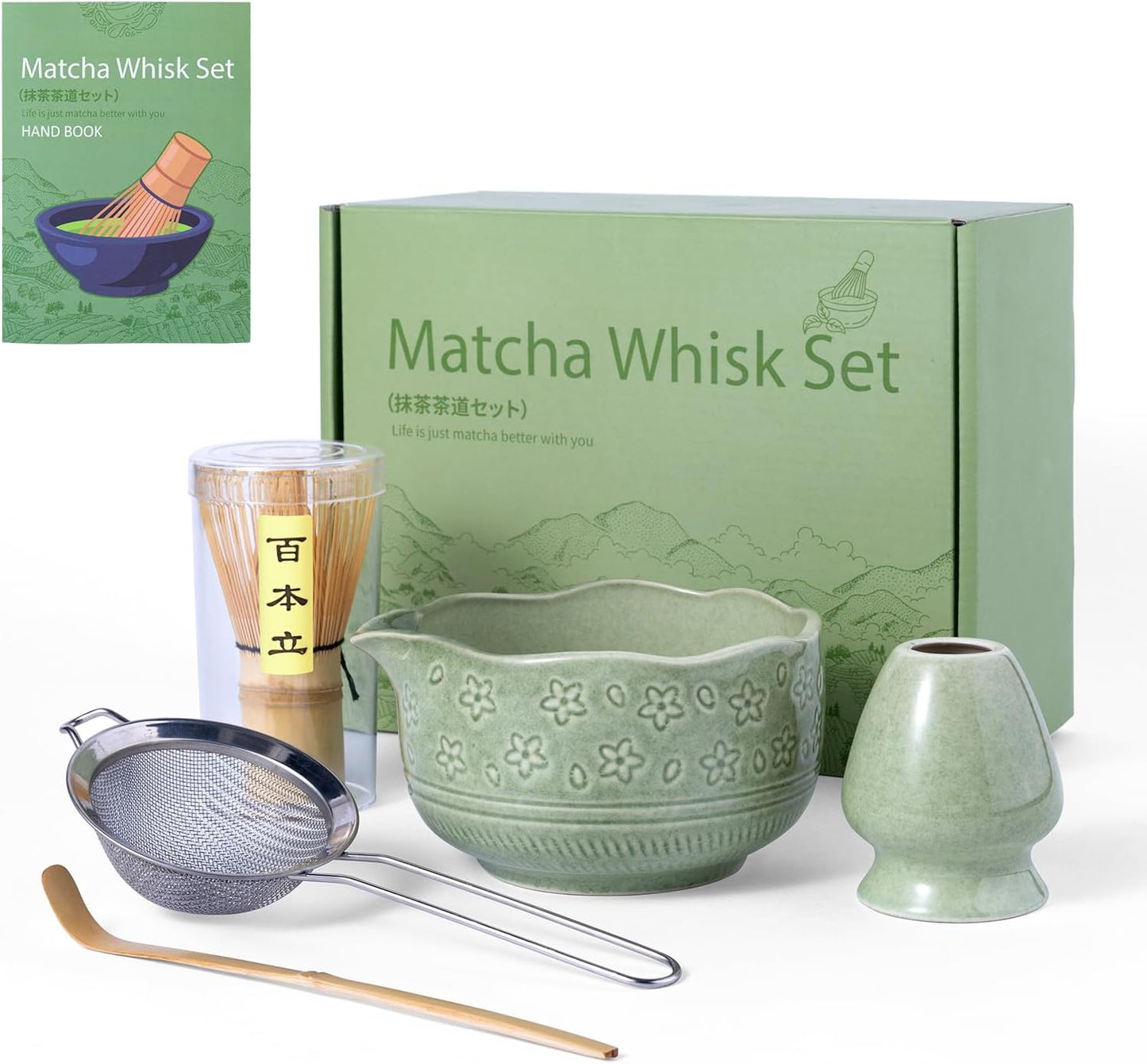 HOTTOR Matcha Whisk Set, 5-Piece Matcha Kit with 18 oz Ceramic Bowl | 18 oz spouted ceramic bowl, bamboo whisk, holder, scoop and stainless steel sifter for traditional matcha and creamy lattes