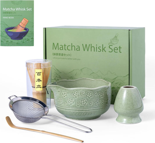 HOTTOR Matcha Whisk Set, 5-Piece Matcha Kit with 18 oz Ceramic Bowl | 18 oz spouted ceramic bowl, bamboo whisk, holder, scoop and stainless steel sifter for traditional matcha and creamy lattes