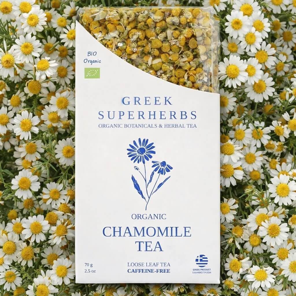 ORGANIC CHAMOMILE TEA (GREECE) | Whole Chamomile flowers for Skin Health, Relaxation | Loose Herbal Tea from Greece | 100% ORGANIC, Caffeine Free, Earthy Flavor | 70G (2.5 OZ) (45 servings)
