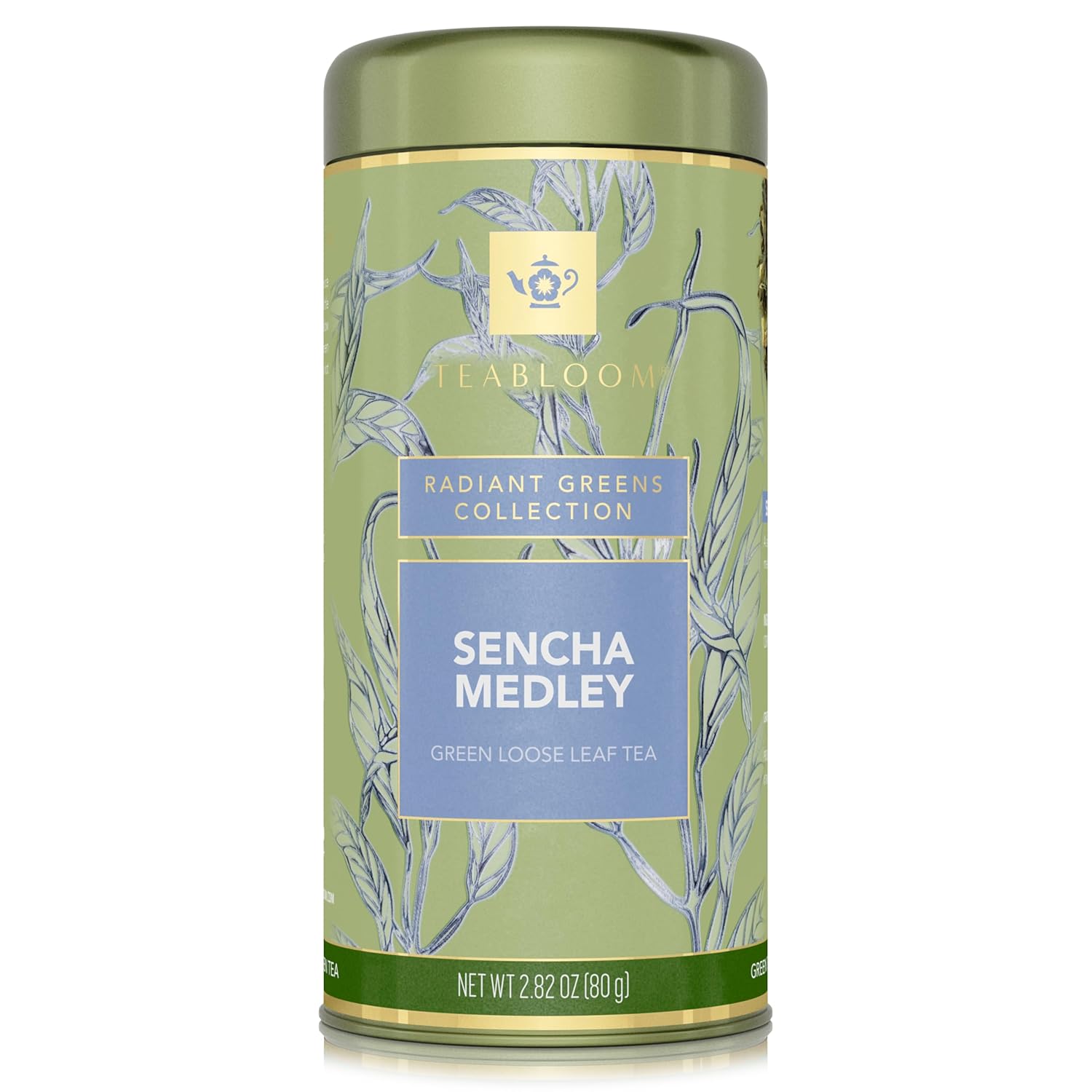 Teabloom Green Tea, Sencha Medley Loose Leaf Tea, Fresh and Floral, Purest Quality Green Tea Leaves Combined with Pretty Botanicals in Reusable Gift Canister, 2.82oz/80 g Canister Makes 35-50 Cups