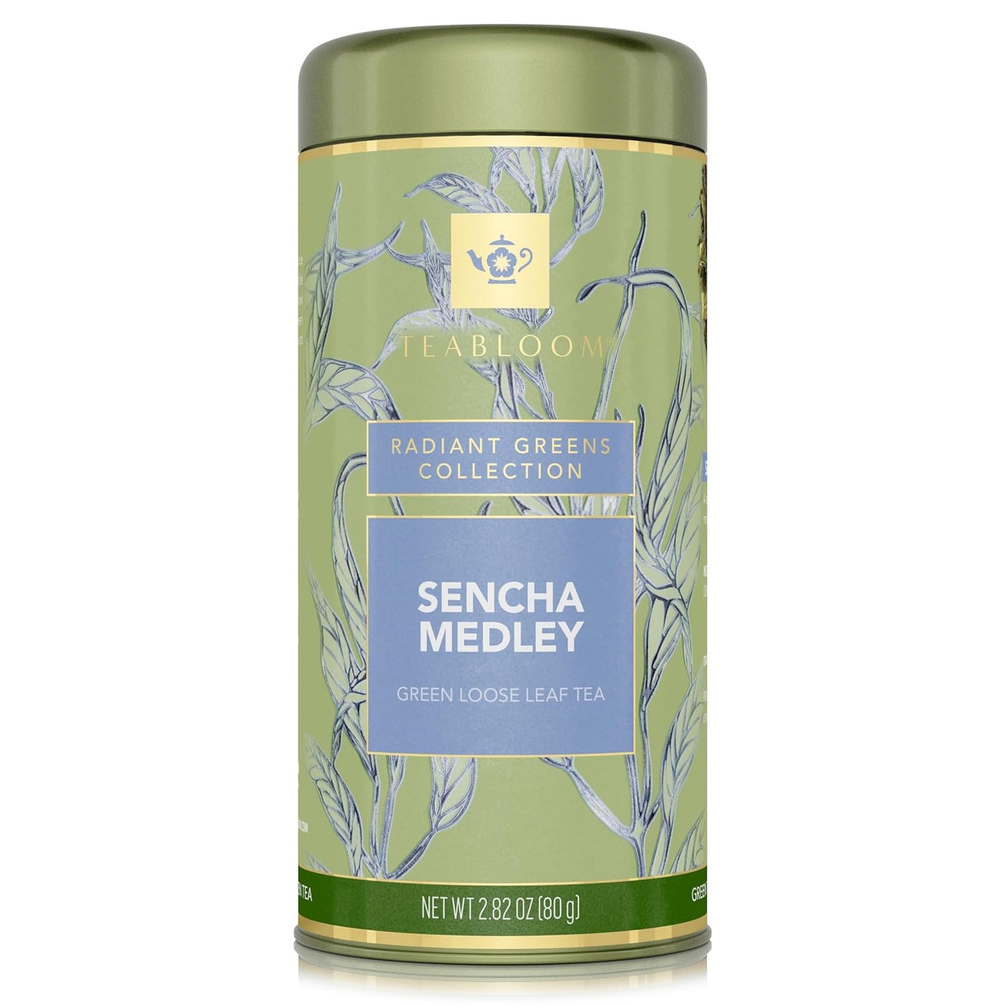 Teabloom Green Tea, Sencha Medley Loose Leaf Tea, Fresh and Floral, Purest Quality Green Tea Leaves Combined with Pretty Botanicals in Reusable Gift Canister, 2.82oz/80 g Canister Makes 35-50 Cups