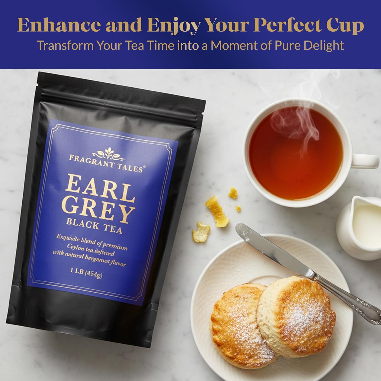 Fragrant Tales Earl Grey | 1LB (454g) | Loose Leaf Black Tea | Premium Ceylon Tea with Natural Bergamot Aroma & Blue Cornflower Petals | Strong, Smooth Flavor | Bulk Resealable Bag
