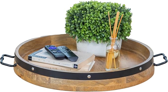 20" Extra Large Round Ottoman Tray, Heavy Duty Mango Wood, for Serving Tea, Breakfast in Bed