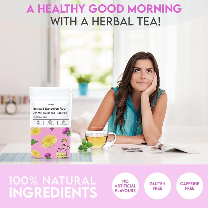 TZTZBOM Natural Roasted Dandelion Root with Milk Thistle and Peppermint, Herbal Tea for Liver Cleansing, 20 tea bags