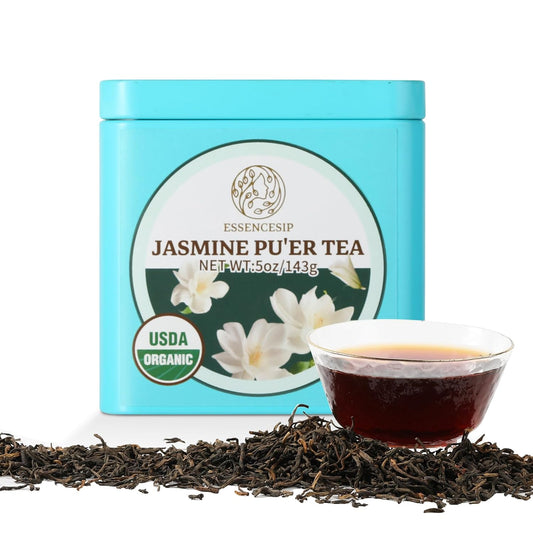 Essencesip Jasmine Puerh Tea - Black Ripe Pu Erh Loose Leaf Teas Scented with Jasmine Blossom - 5oz sampler in tin, Floral Aroma