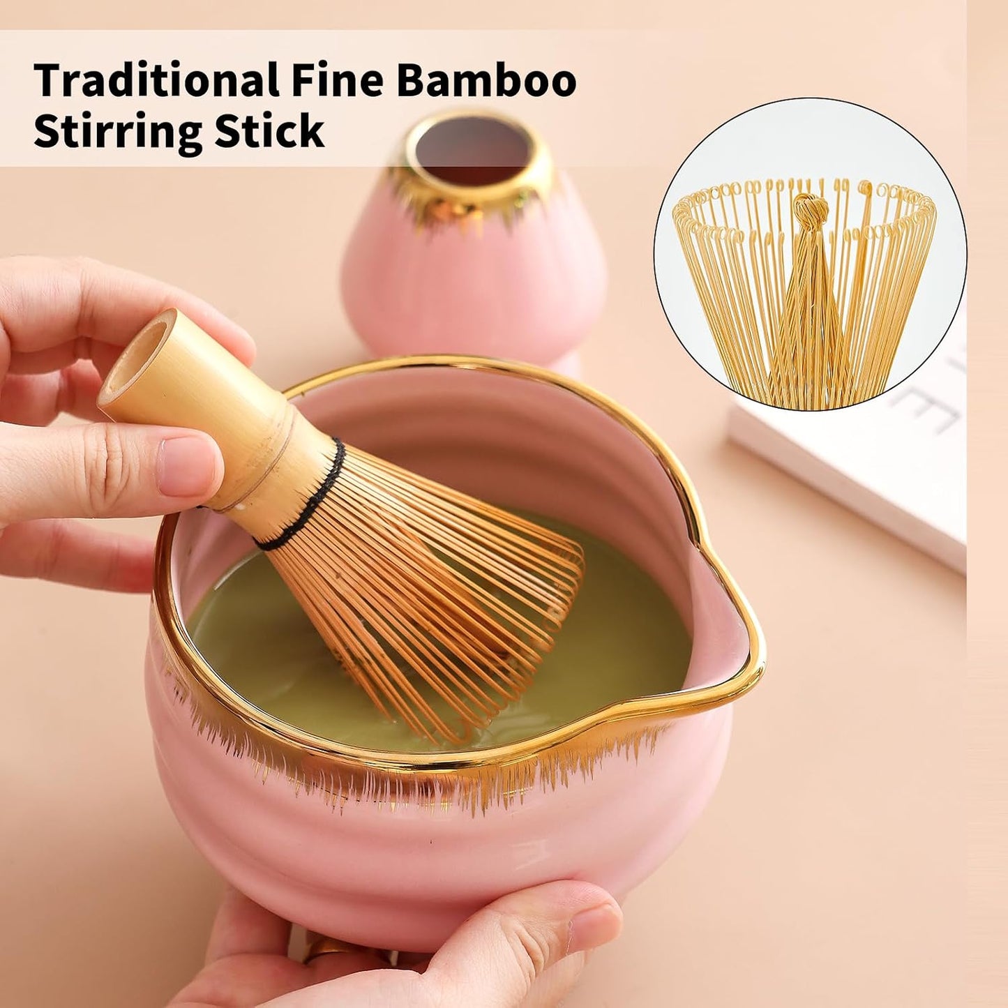 7-Piece Matcha Set, Matcha Bowl &amp; Bamboo Whisk Kit | Ceremonial Matcha Whisk Tools with Golden Texture Details, Japanese Tea Ceremony Starter Kit &amp; Unique Matcha Gift (Pink)