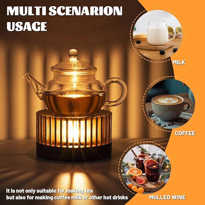 Inmorven Teapot Warmer, Aluminum Tea Warmer with Wooden Base, Candle Heater for Heating Tea, Coffee, Milk, Food,Camping and Traveling