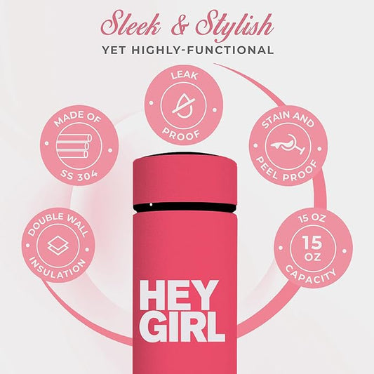 Hey Girl Tea Infuser Bottle 450ml - Insulated Stainless Steel Water Bottle - Tea Tumbler with Tea Diffuser - Portable Travel Mug for Loose Leaf Tea & Infused Water - Tea Lovers Gifts for Women