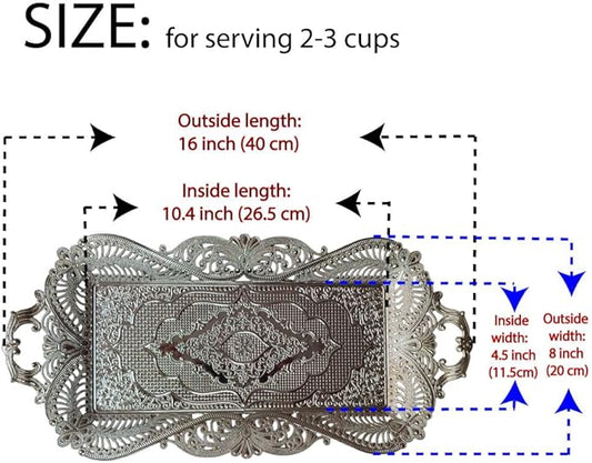 Small Silver Turkish Metal Coffee Tea Serving Tray Table Home Decor Decorative Handles - Fancy Vintage Brass Mini Rustic Retro Wedding Antique Style Traditional Counter Kitchen Tray