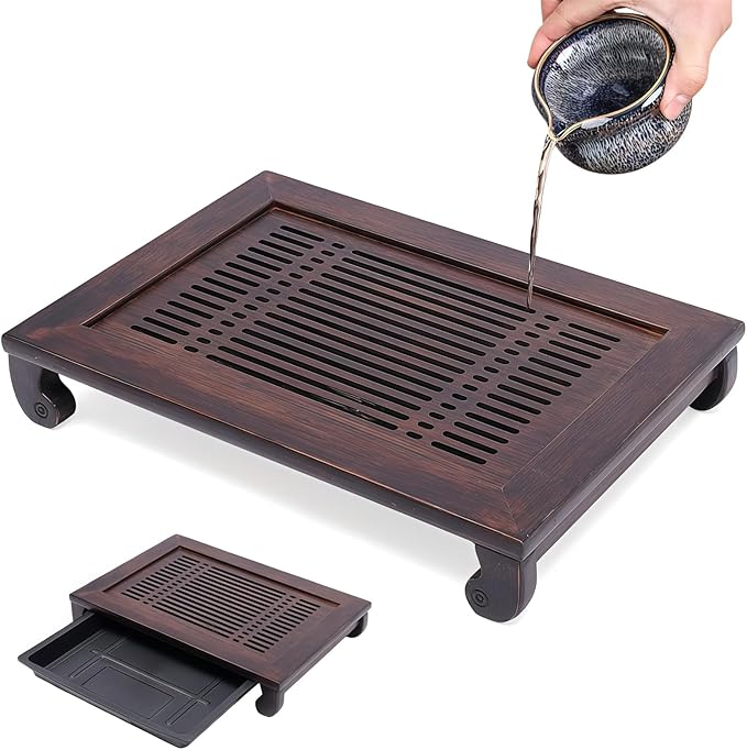 Bamboo Tea Trays for Serving with Drawer Water Storage Drainage Tea Serving Tray Chinese Tea Tray Gongfu for Teahouse Home Office, 15.74"×10.82"×2.75"
