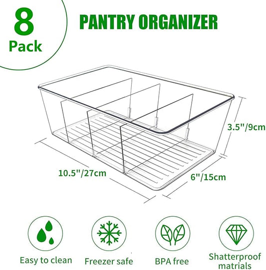 8 Pack Pantry Organizers and Storage,Snack Containers with 3 Dividers for Kitchen,Fridge,Refrigerator Organization and Storage