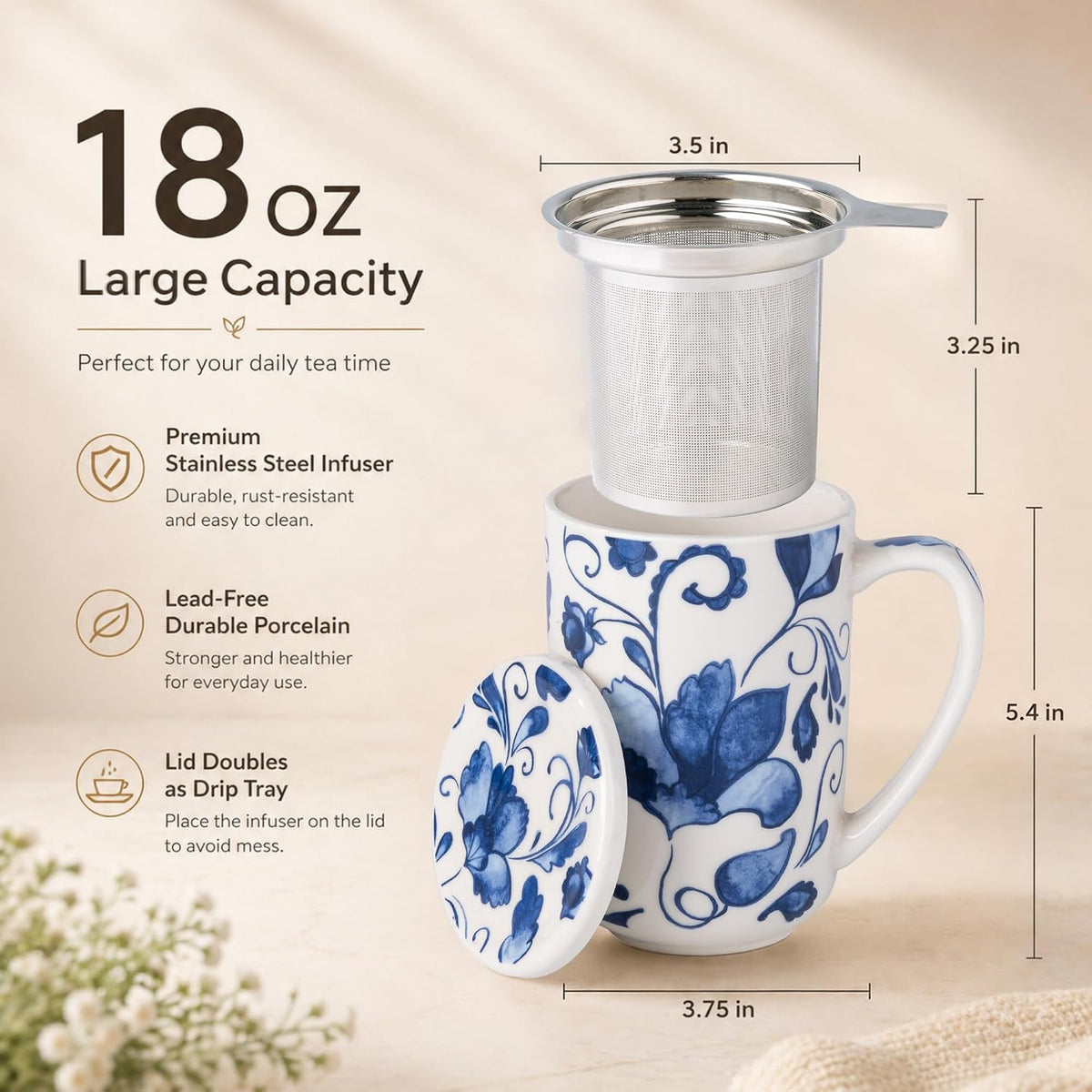 GBhome Tea Mug with Infuser and Lid,18 oz Loose Leaf Tea Cup with Steeper