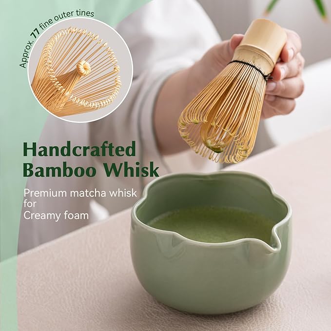 Matcha Set, 8Pcs Floral Ceramic Matcha Set with Matcha Whisk, Holder, Scoop, Scoop Rest, Sifter, Spoon and Tea Towel