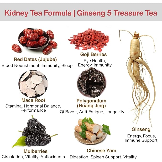 Herbal Tea Formula Ginseng Six Treasure Tea – 10g x 20 Bags Ginseng & Mulberry Herbal Tea Bags, Herbal Tea for Men & Women with Goji, Red Dates & Maca