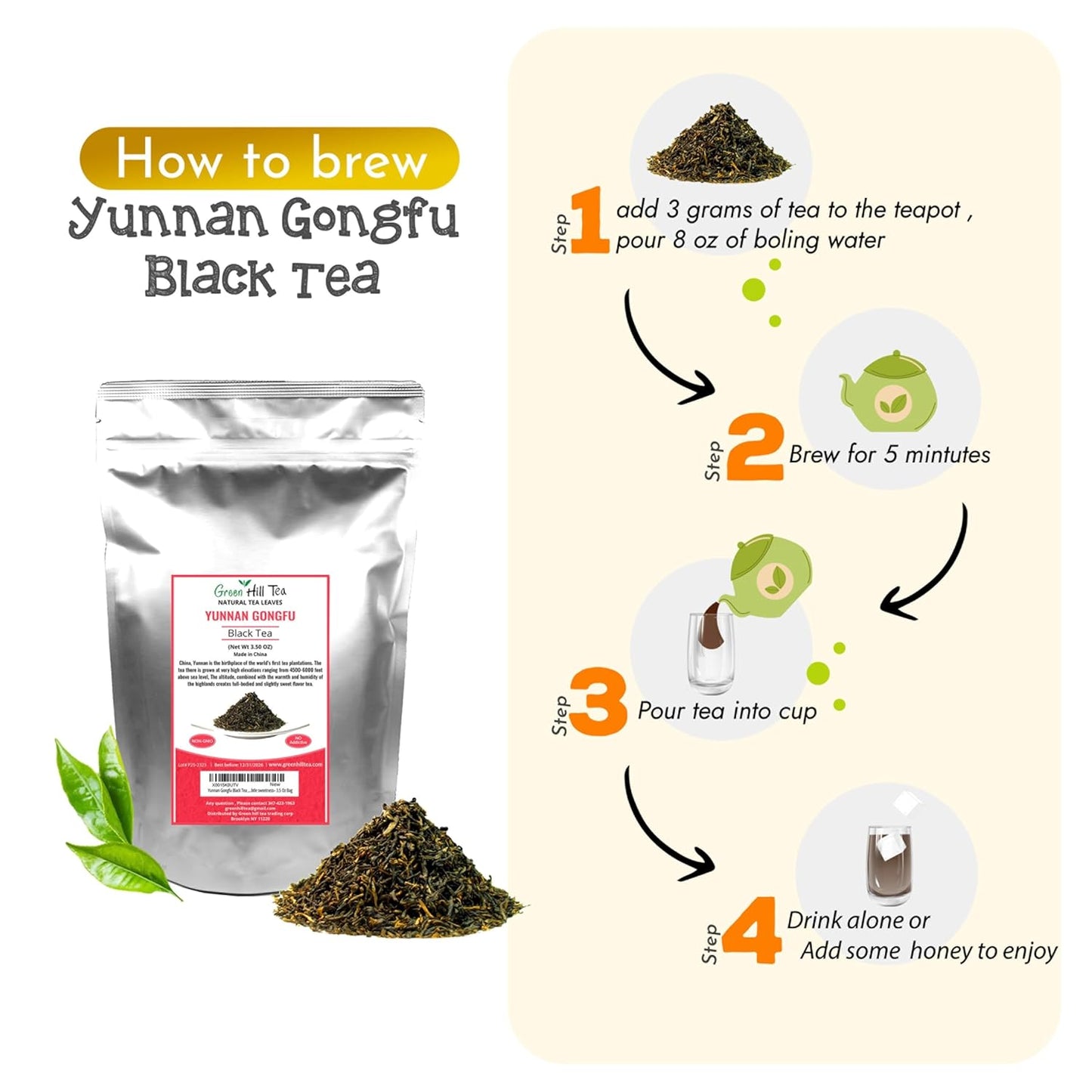 Greenhilltea Golden yunnan tea, Yunnan Gongfu Black Tea, Natural Black Tea with Excellent fullness with subtle sweetness– 3.5 Oz Bag