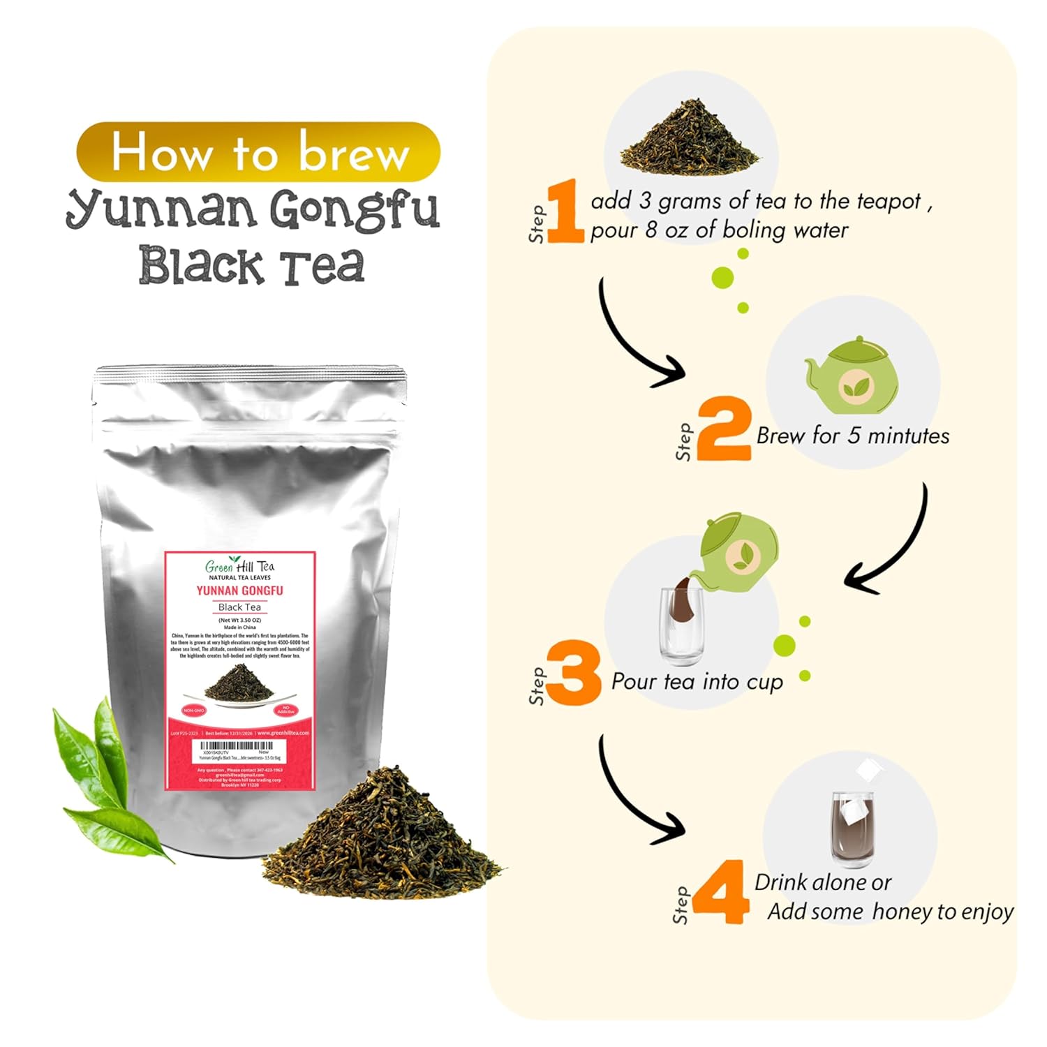 Greenhilltea Golden yunnan tea, Yunnan Gongfu Black Tea, Natural Black Tea with Excellent fullness with subtle sweetness– 3.5 Oz Bag