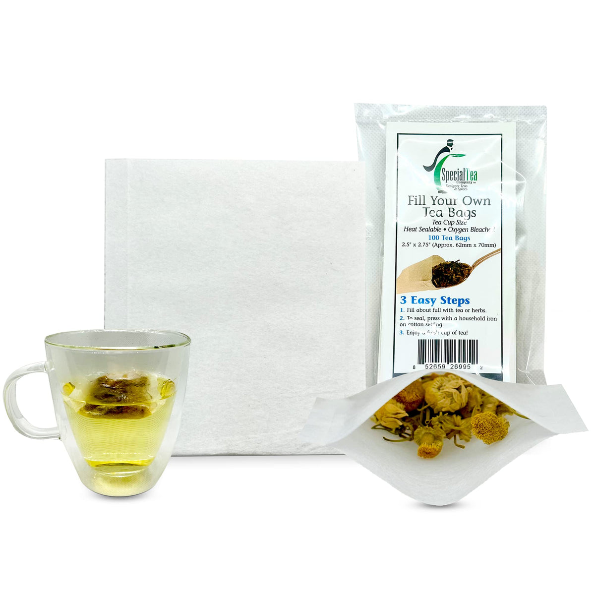 Special Tea 100 Empty Tea Bags 2.5” x 2.75” White Compostable, These Heat Sealable Tea Infuser for Loose Tea Herbs are