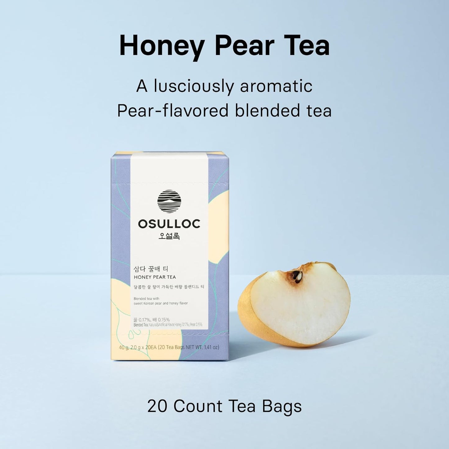 OSULLOC Honey Pear Tea (Sweet Pear & Honey Flavor), Iced tea bags Fruit tea Blend, Premium Teabags from Jeju Island, 20 count