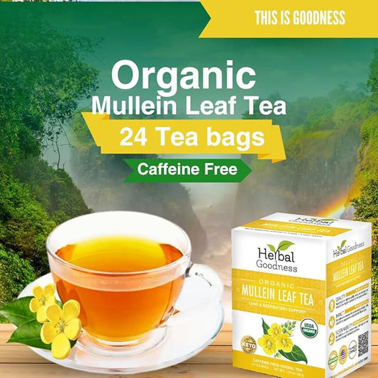 Mullein Leaf Tea - Organic Mullein Tea Bags For Lungs, Respiratory Health, Digestive System, Immune System, Supports Overall Health, 24 Mullein Tea bags, Herbal Goodness