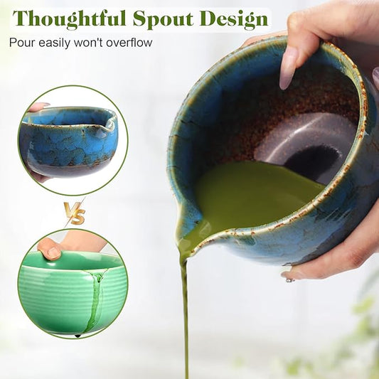 Heymkgo Matcha Whisk Set 8 Pcs, Sapphire Blue Matcha Bowl with Spout, Bamboo Whisk & Holder, Scoop, Scoop Rest, Sifter, Bamboo Spoon & Tea Towel