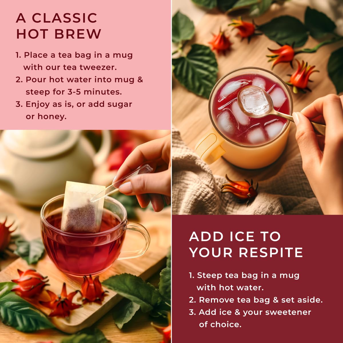 Hibiscus Tea Bags 100 Count - 100% Natural Caffeine Free Herbal Tea | Tart and Refreshing Tea - No Added Sugar, No Fillers - Hot or Iced - Non-GMO