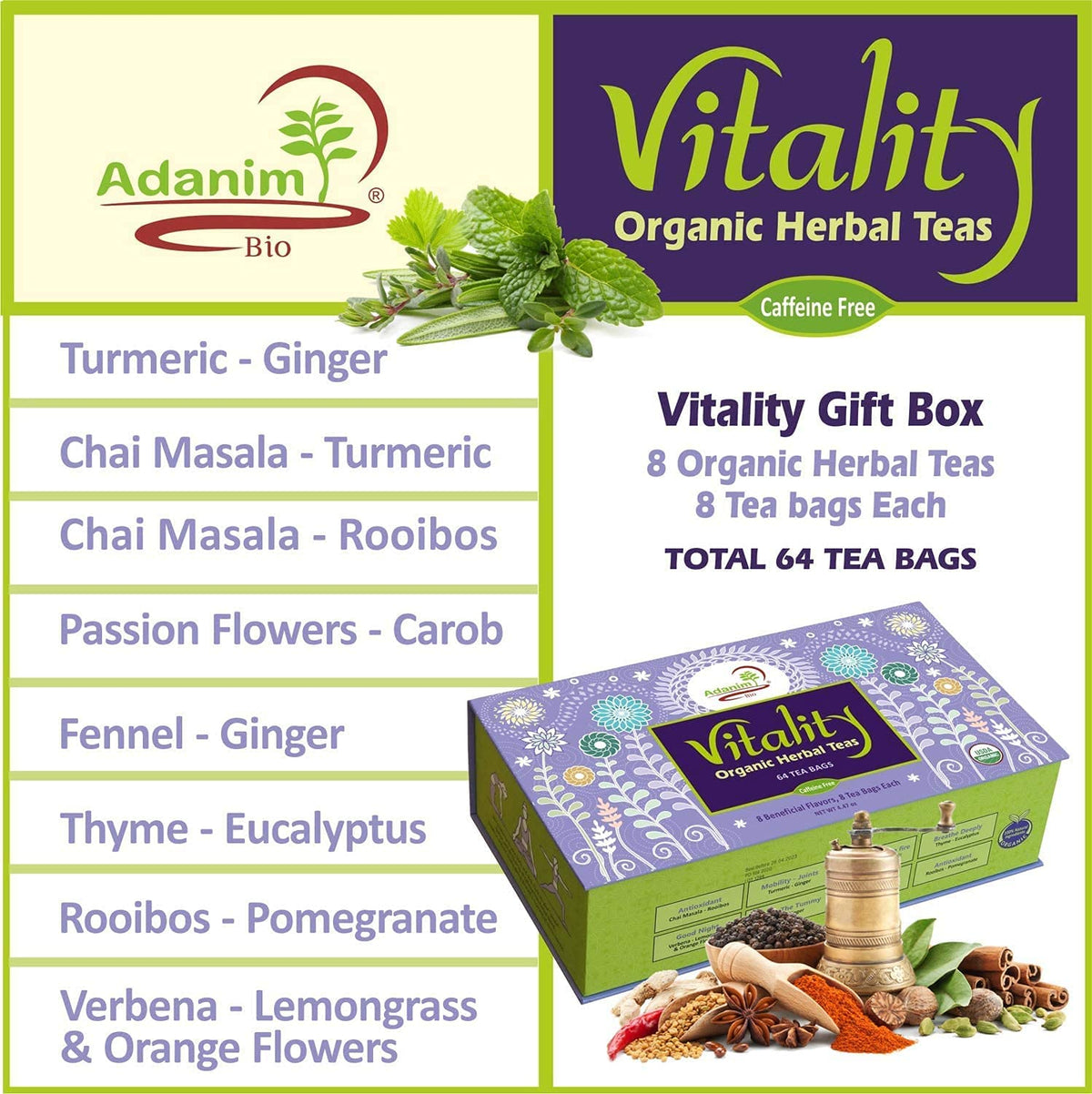 Adanim Bio Vitality Organic Herbal Tea Sampler Gift Box Caffeine Free 8 Unique Flavors for Tea Lovers 64 Individually Wrapped