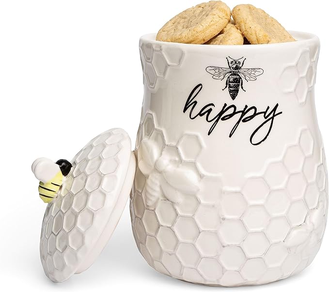 Young's Inc. Ceramic Honey Bee Cookie Jar with Lid and Handle – Honeycomb Design, 5.75" x 5.83" x 7.87", Decorative and Functional Kitchen Storage